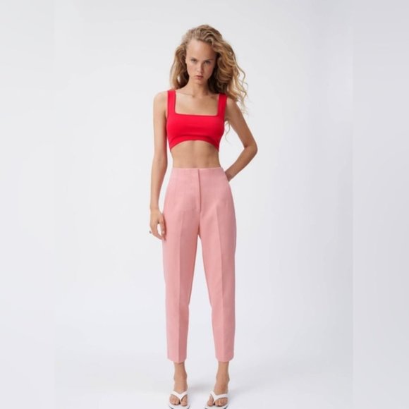 ZARA Bubblegum Pink High Waisted Trousers / Cigarette Pants Size Small - Picture 2 of 13